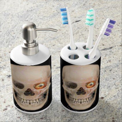 Skull Soap Dispenser And Toothbrush Holder - home decor design art diy cyo custom Goth Bedrooms, Skeleton Bathroom, Guy Decor, Skull Bathroom, Goth Bathroom, Wallpaper In Bathroom, Future Home Aesthetic, House Bathroom Ideas, Gothic Bathroom