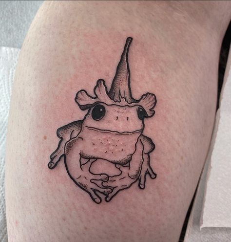 Frog With Mushroom Hat Tattoo, Witch Frog Tattoo, Dainty Frog Tattoo, Frog With Hat Tattoo, Wallace And Gromit Tattoo, Frog And Mushroom Tattoo, Wizard Frog Tattoo, Toad Tattoos, Frog Flash Tattoo