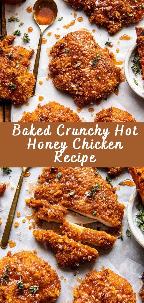 Baked Crunchy Hot Honey Chicken Recipe | Cheff Recipes Easy Staple Meals, Crunchy Honey Chicken, Spicy Crunchy Chicken, Fried Meat Recipes, Baked Crunchy Honey Buffalo Chicken, Honey Hot Sauce Chicken, Hot Honey Cornflake Chicken, Honey Chicken Crispers, Honey Chicken Sandwich Recipes