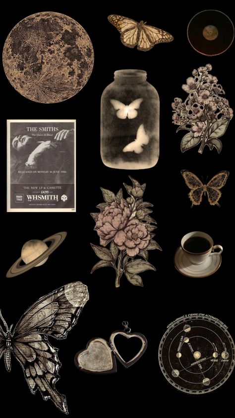 #myfirstshuffle Black Vintage Stickers, Unlock Wallpaper Aesthetic, Dark Collage Aesthetic, Dark Journal Aesthetic, Dark Mood Board, Shuffles Stickers, Witchy Collage, Journal Cutouts, Phone Cover Stickers