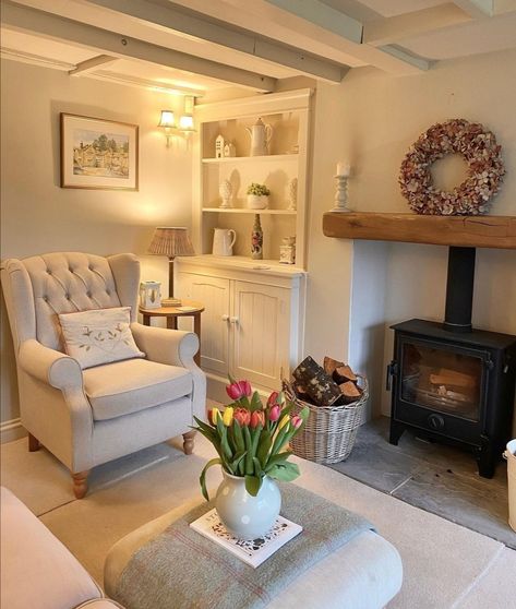 English Country Fireplace, Log Burner Living Room, Pretty Houses, Cosy Living, Cottage Living Rooms, Cosy Living Room, Pink House, Cottage Interiors, House Architecture