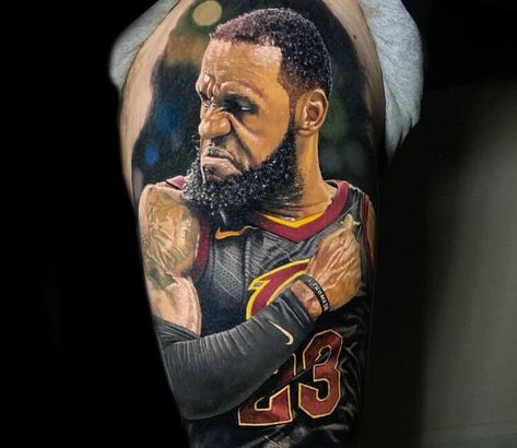 LeBron James tattoo by Steve Butcher Lebron James Tattoos, James Tattoo, Steve Butcher Tattoo, Inside Of Arm Tattoo, New Zealand Tattoo, Hyper Realistic Tattoo, Tattoo Shoulder, Fan Tattoo, Lion Head Tattoos