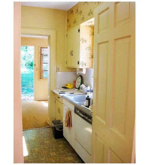 A sunny yellow color scheme and printed wallpaper dated this small but hardworking kitchen. The homeowners looked for unexpected ways to snag square footage and boost the function in this small-kitchen remodel. Small Kitchen Makeovers, Kitchen Remodel Dark Cabinets, Split Level Kitchen Remodel, Inexpensive Kitchen Remodel, Best Kitchen Layout, Yellow Color Scheme, Ranch Kitchen Remodel, 1940s Kitchen, Builder Grade Kitchen