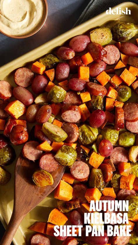 Sausage and fall flavors on a single sheet pan. Kielbasa Sheet Pan, How To Cook Kielbasa, Dijon Sauce, Creamy Curry, Shrimp Linguine, Fall Veggies, Autumn Baking, Food Entrees, Budget Friendly Meals