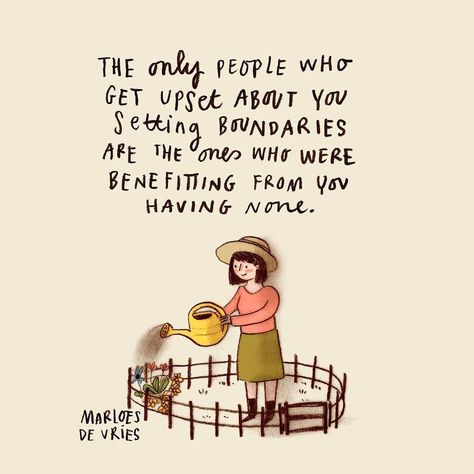 📷 @marloesdevee Boundary setting can be really uncomfortable- especially at first, and especially when we feel (or we are told) that our boundary has now made life more difficult for someone else. However, getting a bad reaction to a boundary doesn’t make it a bad boundary - in fact, it’s usually a sign that it’s a necessary boundary. ​ ​  Image description: illustration of a person, wearing a sun hat, pink too and green skirt, standing on a patch of grass inside a small circular fence, with a Set Boundaries Find Peace, Setting Boundaries Quotes, Boundaries Quotes, Flow Magazine, Personal Boundaries, Image Instagram, Set Boundaries, Setting Boundaries, Find Peace