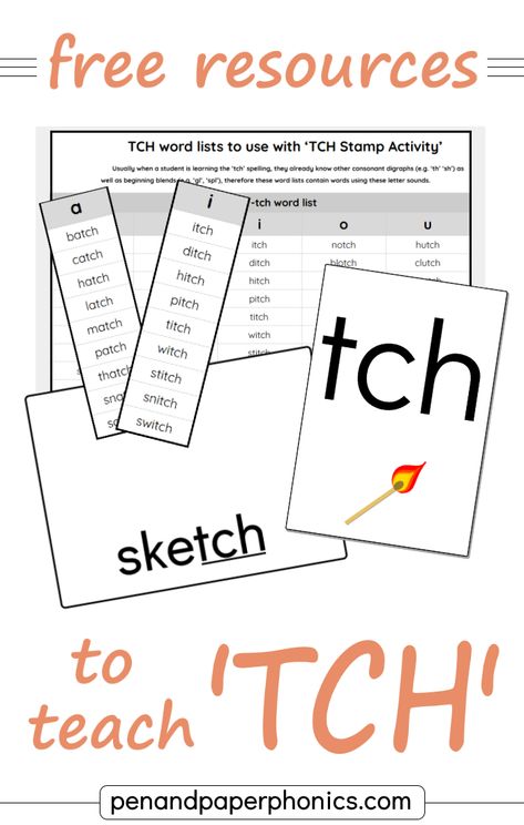 Does it use ‘tch’ or ‘ch’? Click through for a fun activity plan, ready to use with printable resources to help kids learn when to use trigraph ‘tch’. It is quick to set up and kids can self check to see if they were correct.  #homeschool  #readingactivities #PenAndPaperPhonics Trigraphs Tch Dge, Ch Tch Spelling Rule, Trigraph Activities, Teaching Digraphs, Phonics Passages, Spelling Ideas, Teaching Vowels, Ch Words, Digraphs Worksheets