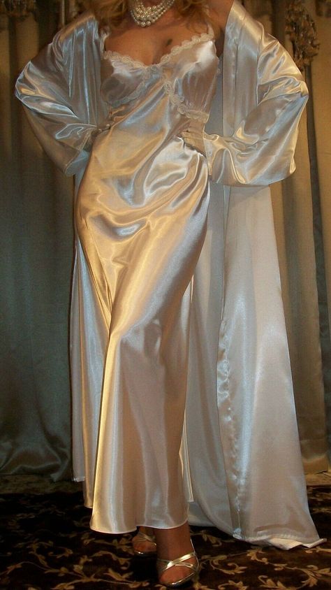 VTG STYLE SHINY Snow White Satin Long Nightgown Negligee Lingerie Slip 2X 44 46 - $69.99 | PicClick Fancy Robes, Beautiful Nightgown, Nights In White Satin, White Nightgown, Satin Nightgown, Long Nightgown, Satin Fashion, Classic Lingerie, Silk Nightgown