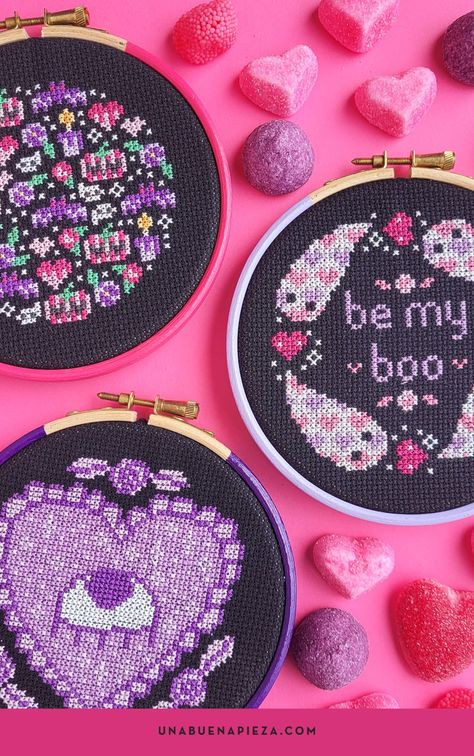 Purple Cross Stitch, Ghost Cross Stitch, Valentines Cross Stitch, Valentine Cross Stitch, Pink Cross Stitch, Crafting Hobbies, Home Cross Stitch, Blackwork Cross Stitch, Purple Cross