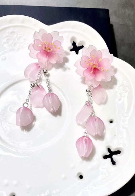 Cherry Blossom Jewelry, Cherry Blossom Earrings, Pink Flower Earrings, Mha Characters, Cherry Blossom Wedding, Dragon Earrings, Korean Earrings, Crystal Bridal Earrings, Bridal Earrings Drop