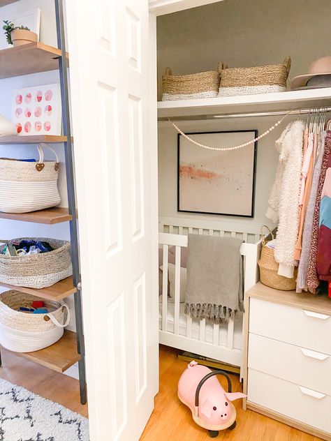 Closet Converted To Nursery, Closet Turned Into Nursery, Nursery Nook In Closet, Crib In Corner Of Nursery, Crib In Closet Ideas, Small Closet Nursery, Walk In Closet Nursery Converted, Closet Nursery Converted, Nursery Closet Inspiration