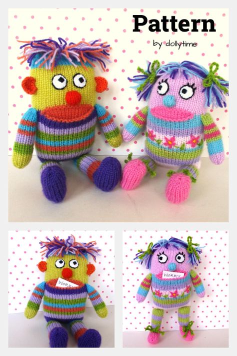 Monster Pontius Free Knitting Pattern Knitted Worry Monster Free Pattern, Cat Pillow Pattern, Comfort Dolls, Knitting Bear, Worry Monster, Knitting Dolls Free Patterns, Knitted Dolls Free, Crochet Animal Hats, Teddy Bear Sewing Pattern