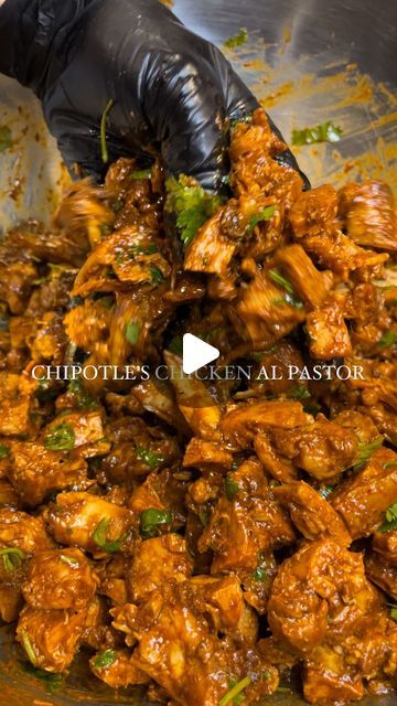 Alex Rios on Instagram: "Chipotle’s Chicken Al Pastor 🌶️🔥 recipe ⬇️ Marinade 2 lbs of chicken thighs 2 tbsp of chipotle peppers in adobo sauce 3 garlic cloves 1 tsp oregano 1 tsp cumin Half a lime 1/4 cup water 1 tsp salt 1/2 tsp pepper Adobo sauce 4 guajillo chiles 2 ancho chile 1 tbsp of chipotle peppers in adobo sauce 1 tsp oregano 1 tsp salt 1/2 tsp pepper 1 teaspoon cumin 1/3 cup pineapple juice 1 tbsp achiote powder 2 tbsp apple cider vinegar 2 tbsp water 2 tsp sugar Blend all marinade ingredients in blender. Marinate chicken for 30 min or overnight or 5 min 🤣 Cook on chicken on med high heat for 5-6 min each side or until temp reaches 165F. Dice and set in a large mixing bowl. For the Al pastor sauce, destem & deseed the dried chiles. Soak in boiling water for 10-15 min or u Chipotle Al Pastor Chicken Copycat, Chicken Al Pastor Recipe Chipotle, Chipotle Chicken Al Pastor Recipe, Chicken Al Pastor Chipotle, Chipotle Peppers In Adobo Sauce Recipes, Chipotle Pepper In Adobo Sauce Recipes, Al Pastor Sauce, Adobo Chicken Tacos, Chicken Al Pastor Recipe