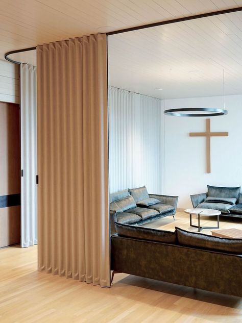 Dooor at Kirche Effretikon in Switzerland Sliding Interior Doors, Furniture Store Design, Curtain Divider, Temporary Room Dividers, Curtain Room Divider, Curtain Partition, Sofa Bed Design, Casa Container, Partition Design