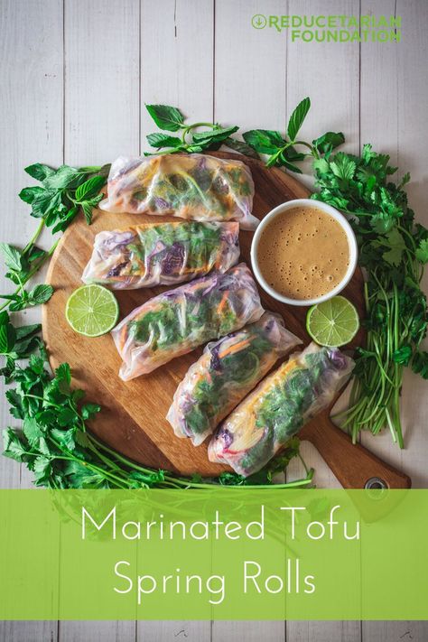 Apple and Marinated Tofu Spring Rolls Recipe Tofu Marinade Recipes, Tofu Spring Rolls, Peanut Butter Dipping Sauce, Vegan Spring Rolls, Spring Rolls Recipe, Tofu Marinade, Fried Spring Rolls, Daikon Radish, Fresh Spring Rolls