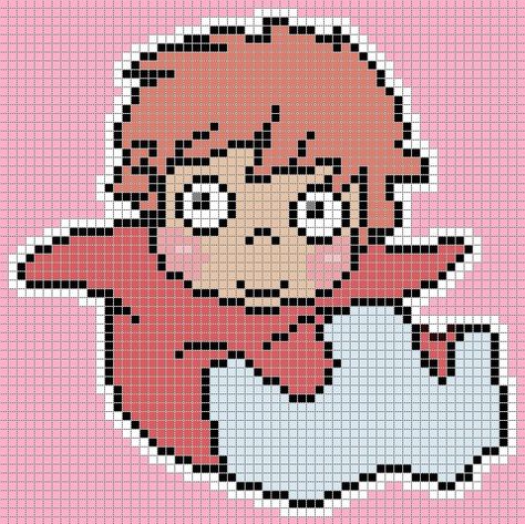 Ponyo Grid Pattern, Ponyo Pixel Grid, Ponyo Cross Stitch, Studio Ghibli Cross Stitch, Ghibli Pixel Art, Kawaii Cross Stitch, Embroider Ideas, Graph Crochet, Easy Pixel Art