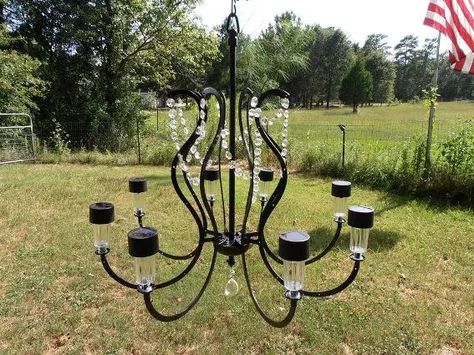 Repurposing Chandeliers, Diy Outdoor Chandelier Ideas, Outdoor Chandelier Ideas, Chandelier Projects, Diy Outdoor Chandelier, Classy Chandelier, Solar Light Chandelier, Solar Chandelier, Chandelier Makeover