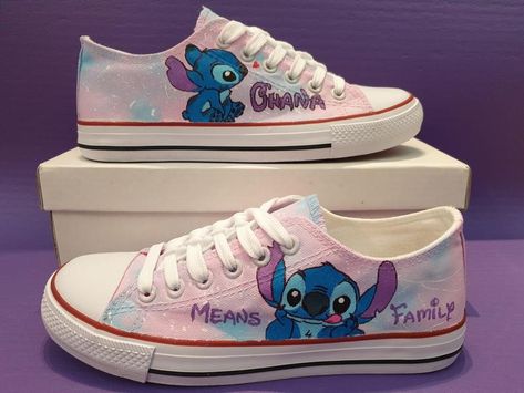 Painted Shoes Disney, Disney Painted Shoes, Groom Wedding Shoes, Shoes Disney, Lilo And Stitch Merchandise, Custom Sneakers Diy, Light Pink Background, Disney Toms, Painted Canvas Shoes