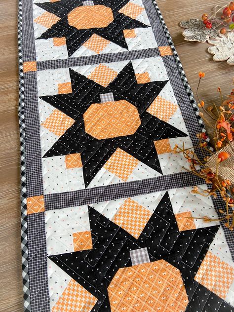 New pattern: Pumpkin Run – Carried Away Quilting Scrappy Quilting, Pumpkin Quilt Pattern, Pumpkin Run, American Flag Quilt, Halloween Quilt Patterns, Fall Quilt Patterns, Fall Quilt, Runner Pattern, Two Color Quilts