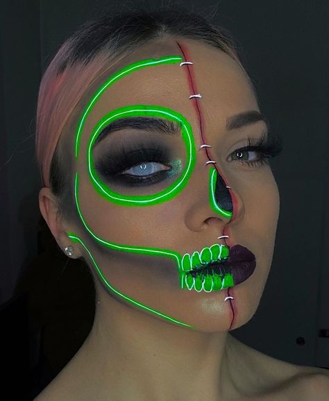 Glow Face Paint, Skull Face Makeup, Neon Face Paint, Creepy Clown Makeup, Uv Makeup, Demon Makeup, Skull Face Paint, Neon Skull, Holloween Makeup