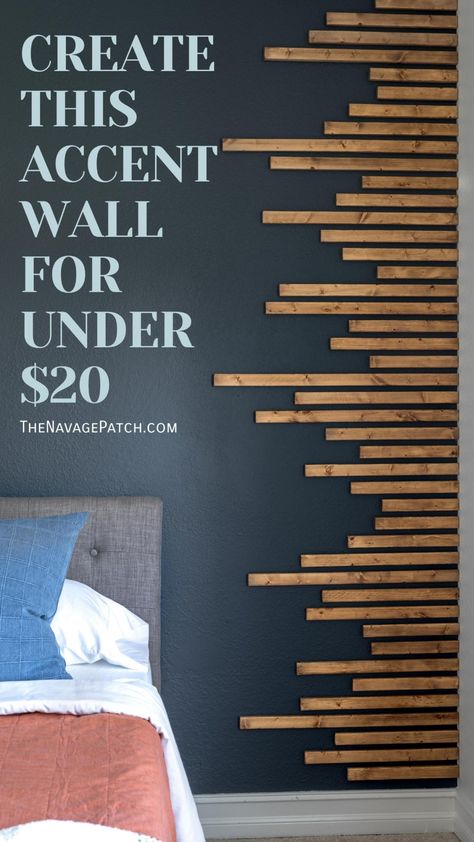 DIY Wood Slat Accent Wall | Wood slat wall DIY | Accent wall ideas bedroom | Young adult bedroom ideas | How to build a wood slat wall | Cheap accent wall ideas bedroom | Inexpensive accent wall ideas | Budget bedroom makeover | $10 accent wall | #TheNavagePatch | TheNavagePatch.com Cheap Accent Wall, Cheap Accent Wall Ideas, Slat Wall Diy, Diy Accent Wall Ideas, Wood Slat Accent Wall, Adult Bedroom Ideas, Wall Ideas Bedroom, Slat Accent Wall, Young Adult Bedroom