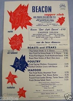 Super Club, Vintage Menu, Supper Club, Sirloin Steaks, Denver, Colorado