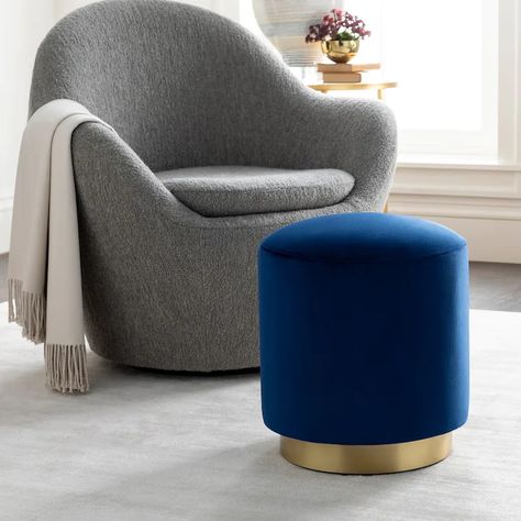 Ottomans and Poufs - Bed Bath & Beyond Navy Ottoman, Navy Furniture, Grey Ottoman, Blue Velvet Fabric, Upholstered Stool, Velvet Ottoman, Modern Glam, Fabric Ottoman, Round Ottoman