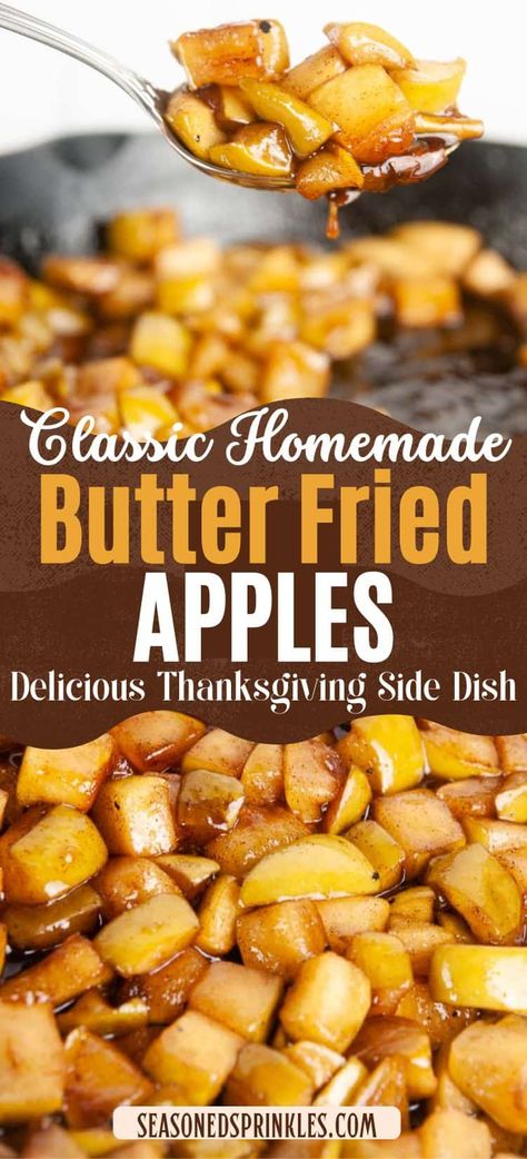 Easy fried apples are a decadent Thanksgiving side dish and fall dessert. These apples get tossed in a mix of butter and sugar and cinnamon for the best flavors of the season. #sidedish #recipe #apples #dessert #Thanksgiving #fall #Christmas #easter Easy Fried Apples, Cinnamon Fried Apples, Fried Apples Recipe Easy, Thanksgiving Pumpkin Recipes, Autumn Foods, Dessert Thanksgiving, Dreamy Christmas, Themed Recipes, Apple Recipes Easy