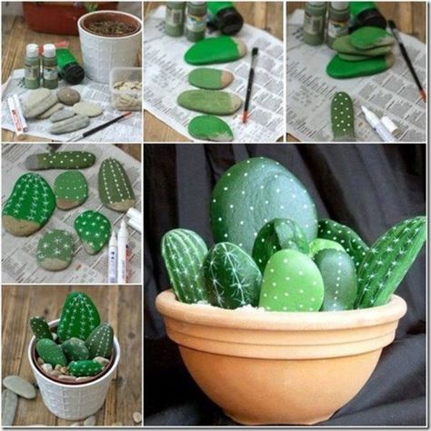 9 Wonderfully Unique Garden Art Ideas - Canvas Factory Stone Cactus, Painted Rock Cactus, Rock Cactus, Faux Cactus, Unique Garden Art, Cactus Diy, Painted Rocks Diy, Garden Art Projects, Cactus Garden