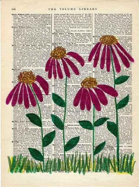 Children Book Layout, Purple Coneflowers, Newspaper Painting, Vintage Encyclopedia, Old Book Crafts, Mixed Media Art Projects, Newspaper Art, Book Page Crafts, Book Page Art