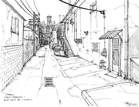 Alleyway Drawing Reference, Alleyway Sketch, Alleyway Drawing, Alleyway Background, Alley Drawing, Perspective Building Drawing, Environment Sketch, Life Drawing Reference, Perspective Drawing Lessons