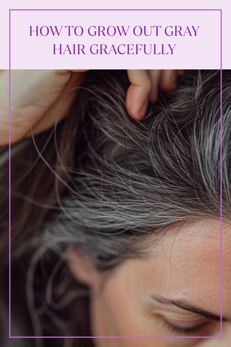 Discover expert tips and products for gracefully transitioning to natural gray hair. Learn what to expect when growing out gray hair for a beautiful and natural look! Growing Out My Gray Hair, Grow Out Gray Hair From Brown, Grey Temples Women Hair, Letting Grey Hair Grow Out, How To Go Gray Gracefully Highlights, Growing In Grey Hair, Hair Grow Out Stages, Naturally Grey Hair, Going Grey In Your 30s