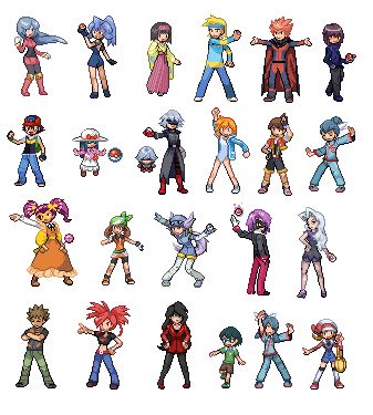 Some Pokemon Trainer sprites! Pokemon Character Sprites, Pokemon Sprites Trainer, Pokemon Trainer Pixel Art, Pokemon Trainer Sprites, Pixel Character Sprite, Iphone Wallpaper Pokemon, Pokémon Sprites, Pixel Sprites, Pokemon Rpg