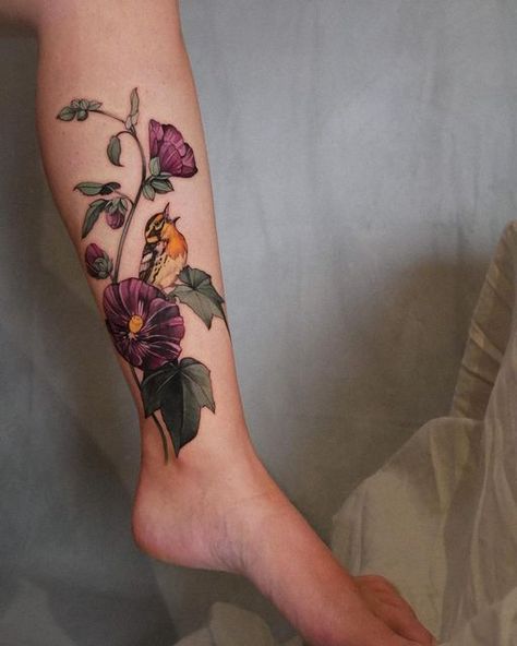 Hollyhocks Tattoo, Hollyhock Tattoo, Glory Flower Tattoo, Morning Glory Flower Tattoo, Vanessa Core, Blackburnian Warbler, Rosemary Tattoo, Aster Tattoo, Aster Flower Tattoos