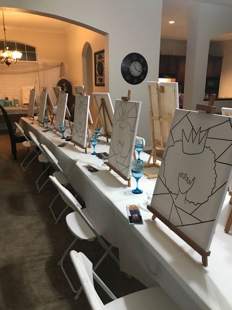 Zip And Paint Party Ideas, Ideas For Sip And Paint Party, At Home Sip And Paint Ideas, Paint And Sip Party Decorations, Paint And Sip Set Up, Paint And Sip Canvas Ideas, Party Setup At Home, Puff And Paint Party Ideas, Paint And Sip Ideas Parties Girls Night