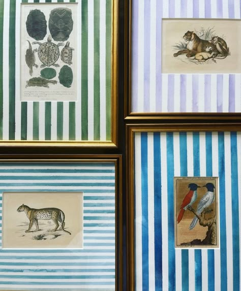 Framed Animal Prints, Painted Wall Frame Ideas, Matted Frames Ideas, Cool Frame Ideas, Gallery Wall Painted Frames, Bedroom With Frames Wall Art, Kitchens With Artwork, Colorful Matte Frame, Print Framing Ideas