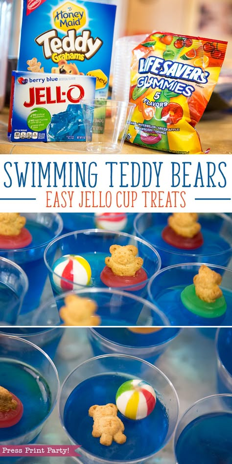 Easy Swimming Teddy Bear Jello Cups by Press Print Party! Pool Party Food, Jello Cups, Pool Party Themes, Pool Party Kids, Splash Party, Jello Shot, Party Fotos, Fingerfood Party, Beach Birthday Party