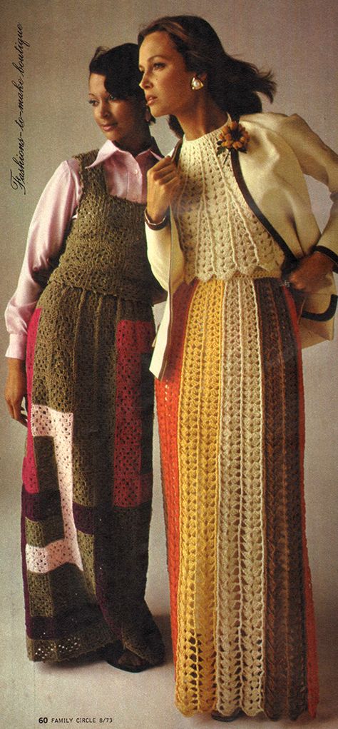 Crochet Frocks For Women, Vintage 70s Crochet Patterns, 70s Outfits Crochet, Retro Crochet Skirt, Vintage Crochet Fashion, 70s Knit Dress, Crochet Dress 70s, Crochet Vintage Skirt, 70s Crochet Clothes