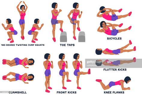 stock illustration : 180 degree twisting jump squats. Toe taps. Bicycles. Clamshell. Front kicks. Knee planks. Sport exersice. Silhouettes of woman doing exercise. Workout, training. Knee Plank, Squat Jump, Train Vector, Ab Workout Plan, Work Out Ideas, Lose Lower Belly, Doing Exercise, Tummy Workout, Lose Lower Belly Fat