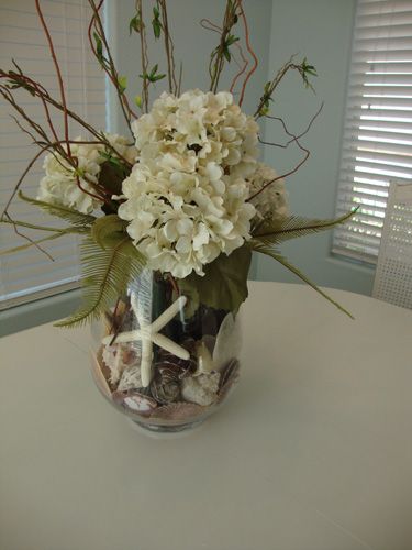 Brighter Day Luncheon 2012 centerpiece...with the starfish even! Love! Beach Arrangements, Hydrangea Flower Arrangements, Hydrangea Arrangements, Beach Flowers, Gorgeous Centerpieces, Clear Vase, Tall Flowers, Shell Decor, Beach Cottage Style