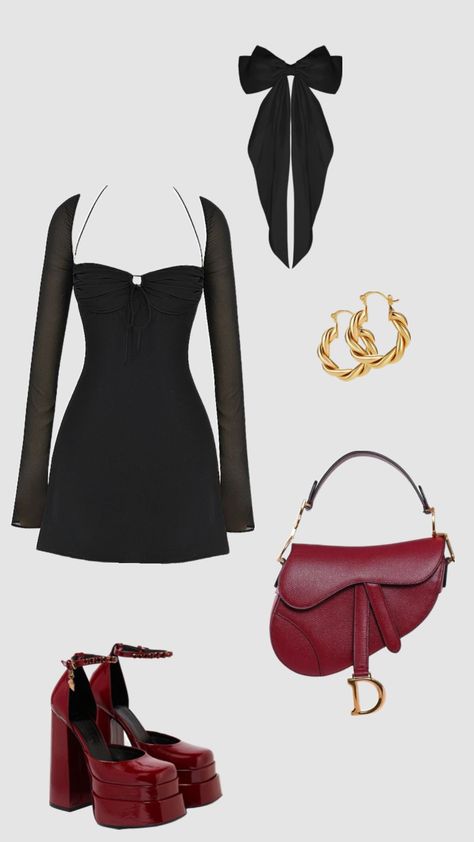 red & black going out outfit inspo 🎱🎧 Black Going Out Outfit, City Nighttime, Platform Heels Outfit, Red Platform Heels, Black Hair Bows, City Outfit, Mini Outfit, Going Out Outfit, Red Platform