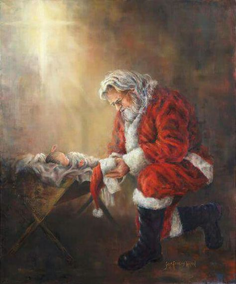 Santa kneeling by the baby Jesus Christ Centered Christmas Traditions, Kneeling Santa, Every Knee Shall Bow, Christ Centered Christmas, Happy Birthday Jesus, Easter Traditions, Noel Christmas, Portrait Artist, Christmas Images