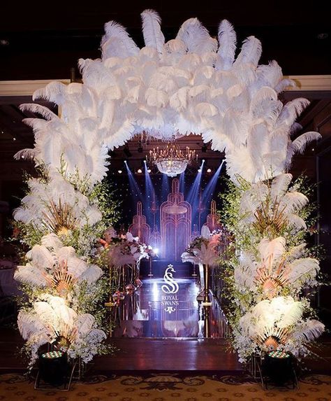 Feather Event Decor, Feather Arch, Feather Wedding Decorations, Stage Backdrops, Gatsby Party Decorations, Gatsby Wedding Theme, Feather Centerpieces, Church Wedding Decorations, Gatsby Theme