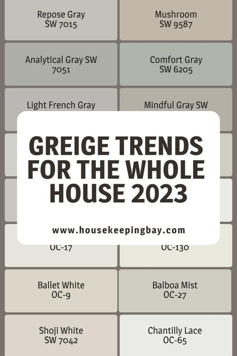 Greige Trends For the Whole House 2023 Wherein Williams Greige Colors, White Greige Paint Colors, Best Sherwin Williams Greige, Colors That Go With Greige, Cool Greige Paint Colors, Greige Room Ideas, Greige Paint Colors 2023, Popular House Colors Exterior 2023, Greige Interior Design