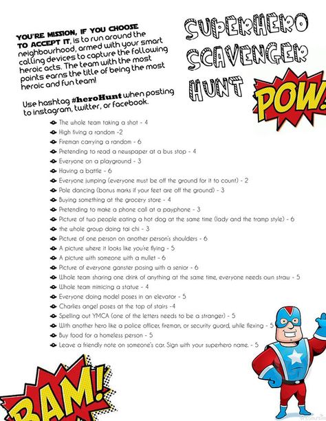 Super hero scavenger hunt. Great way to start off a super hero themed party. Super Hero Scavenger Hunt, Superhero Camp, Superhero School, Super Hero Day, Super Reader, Superhero Classroom Theme, Halloween Scavenger Hunt, Superhero Crafts, Superhero Classroom