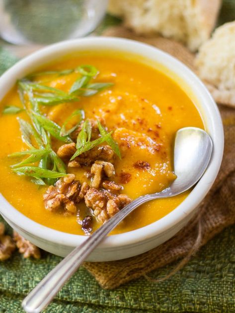 Kobacha Squash Recipes, Kobacha Squash, Kabocha Squash Recipe, Kabocha Squash Soup, Peasant Food, Squash Soup Recipe, Kabocha Squash, Eggplant Dishes, Roasted Walnuts