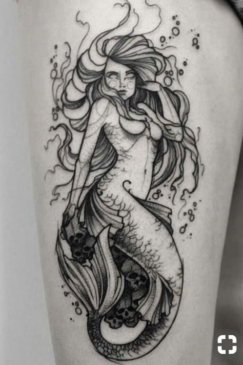 Black And Grey Mermaid Tattoo, Mermaid Octopus Tattoo, Mermaid Tattoo Designs Sketches, Mermaid Tattoo Drawing, Siren Tattoo Dark Mermaid, Siren Drawing Sketches, Realistic Mermaid Drawing, Gotik Tattoo, Tattoo Mermaid