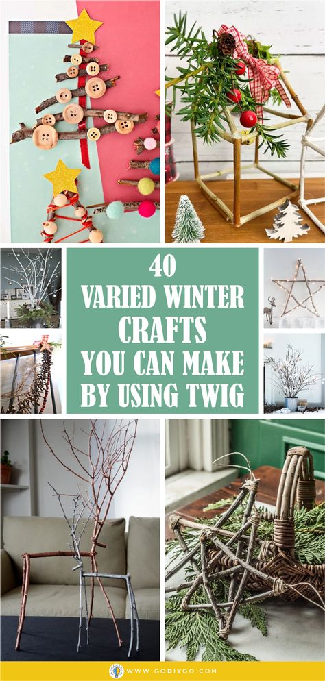 40 Varied Winter Crafts You Can Make by Using Twig - GODIYGO.COM Twig Xmas Tree Ideas, Twig Crafts Branches Sticks Diy Ideas, White Twig Wreath, Tree Branch Crafts, Forest Crafts, Twig Christmas Tree, Twig Crafts, Potted Christmas Trees, Twig Art