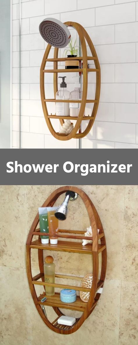 Keep cleaning accessories and essentials organized and within reach with this spa-worthy teak shower caddy. Crafted of solid teak wood in a natural wood grain finish, this design strikes an open oval-shaped silhouette. Three self-draining slatted shelves provide perfect platforms for everything from shampoos and soaps, to loofahs and razors, while crossbeam borders help keep their contents in place. #sponsored #showerorganizer #bathroom #wood #organize #storage Wooden Shower Caddy, Teak Shower Shelf, Bathroom Wood, Slatted Shelves, Shower Organizer, New House Bathroom, Shower Rack, Shower Shelf, Shower Organization