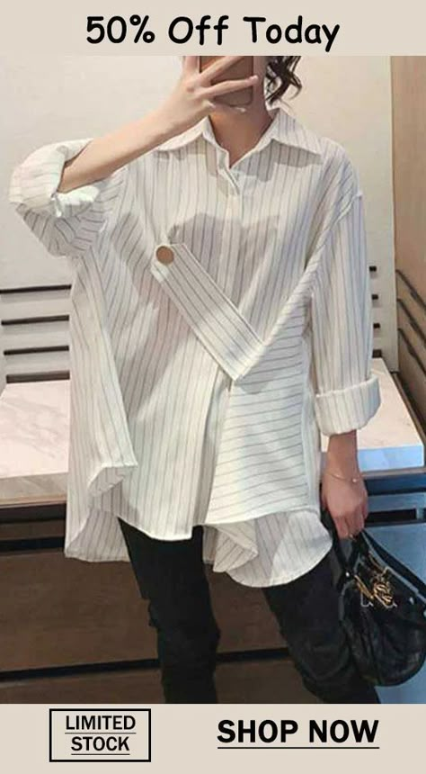 Loose White low high design Asymmetrical Striped shirt Top Spring Asymmetrical Top Outfit, Women Shirt Designs, Women Tops Design, Shirt Design For Girls, Fancy Shirt, Loose Fit Shirts, High Design, Fashion Tops Blouse, Trendy Fashion Tops