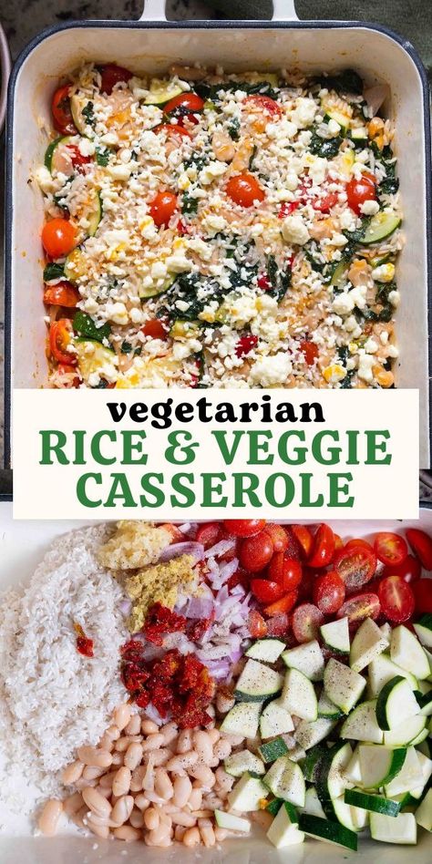 Zucchini, tomatoes, and kale combine with seasoned rice in this easy dump & bake veggie rice casserole. This vegetarian bake is great for weeknight dinners and requires just 15 minutes of active time! Veggie Bakes Recipes, Loaded Veggie Casserole, Rice And Veggie Bake, Baked Rice Meals, Meatless Dump Dinners, Creative Veggie Recipes, Best Veggie Casserole Recipes, Keto Vegetarian Dinner Recipes, Meals Loaded With Veggies